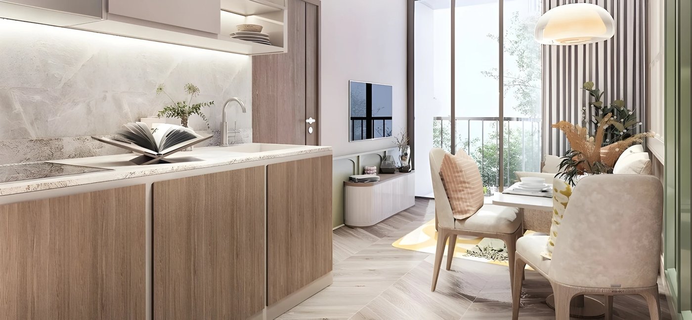 Wizualizacja inwestycji — aneks kuchenny i salon apartamentu